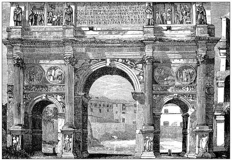 古董插图:Arco di Costantino,君士坦丁拱门,罗马